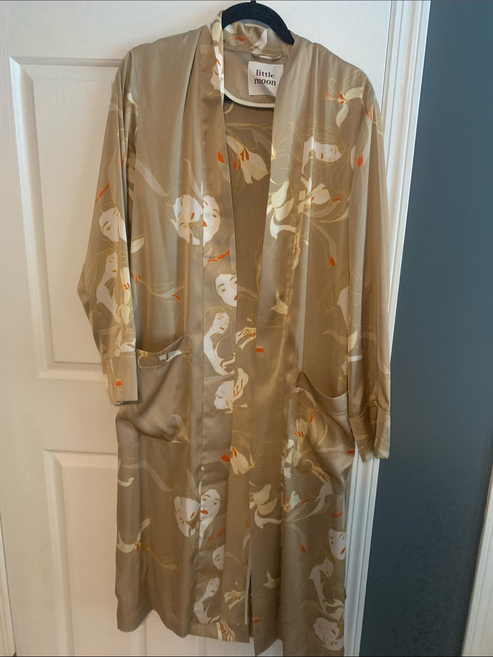 Little Moon Beige Satin Floral-Print Duster Coat with Cream & Orange Accents